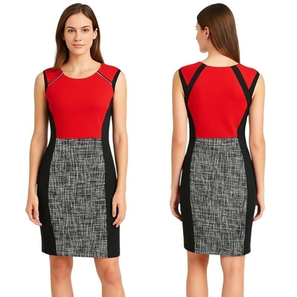 Enfocus Studio Women Red Black Textured Panel Sheath Dress Size 4 Zipper Accents